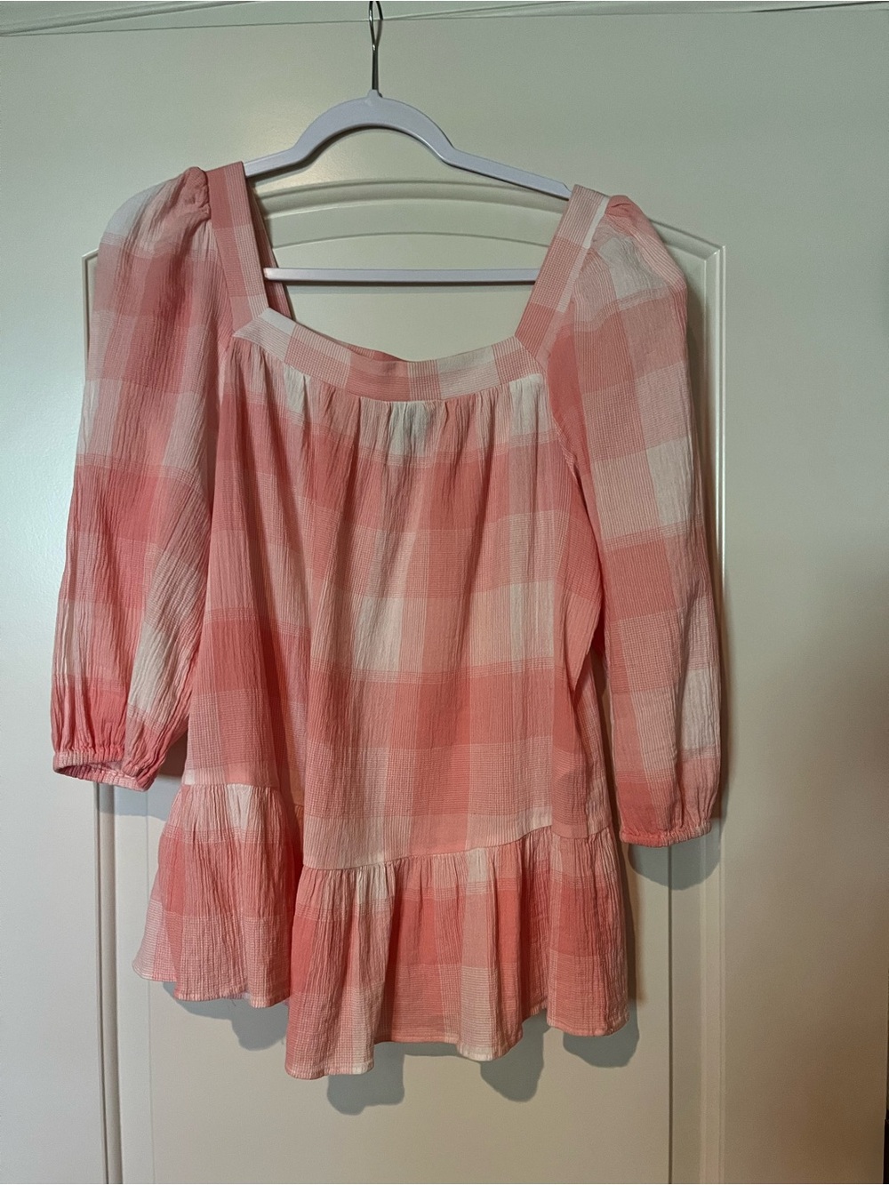 Chaps Pink and Cream Gingham Square-Neck Peplum Top